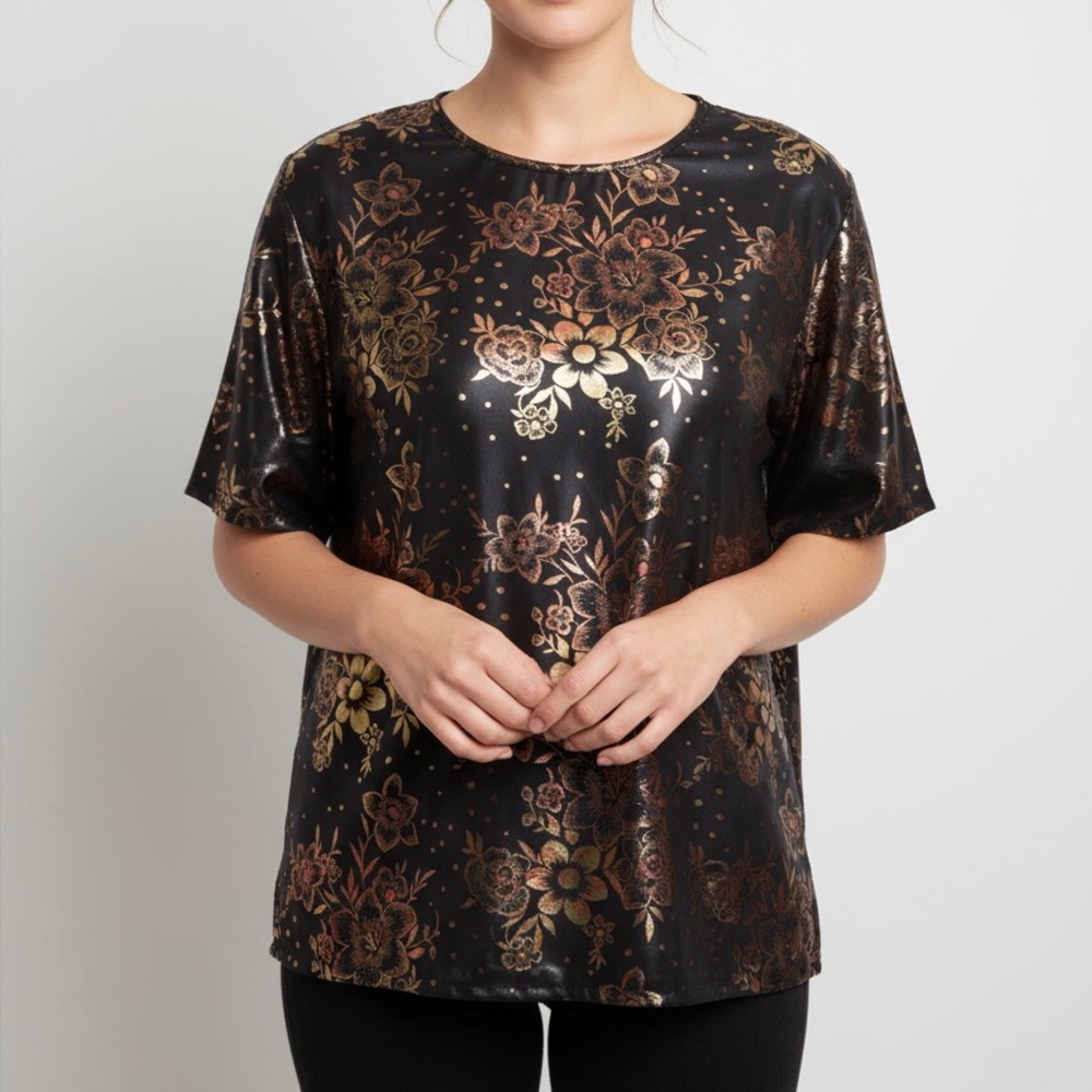 Blair Black Floral Retro Tee Medium Soft Silky Shiny 90s Y2K Vtg Fall Festive